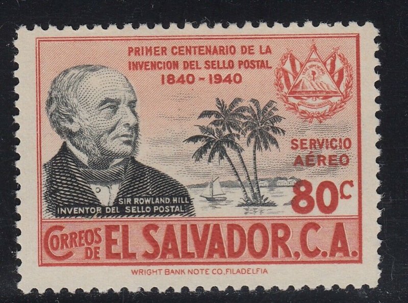 El Salvador 1940 80c Orange Red & Black Rowland Hill VLM Mint. Scott C70