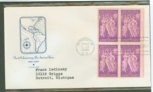 US 895 1940 50th anniversary of the Pan American Union/block of 4 on an addressed (typed) FDC with a House of Farnum cachet