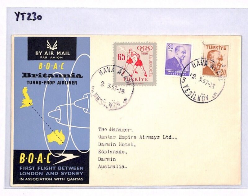 TURKEY Air Mail Cover BOAC BRITANNIA FIRST FLIGHT AUSTRALIA 1957 Yeşilköy YT230