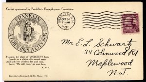 US 725 1932 3c Daniel Webster on an addressed FDC with a Franklin NH Unemployment Commission cachet