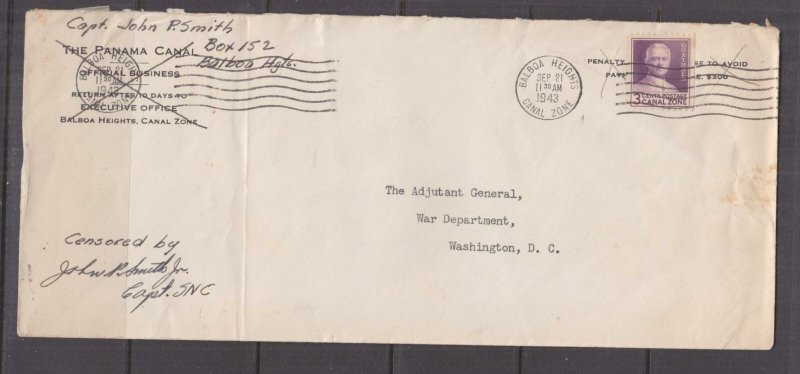 CANAL ZONE, 1943 Censored cover, Balboa Heights, 3c. to War Dept. Washington.