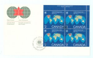 Canada 977 1983 $2 World Globe (corner block of four) on an unaddressed, cacheted first day cover
