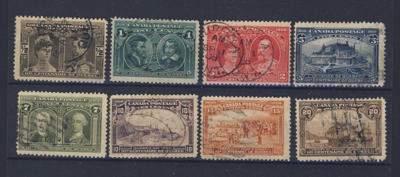 8x Canada 1908 Quebec Stamps #96-1/2c to #103-20c Guide Value = $410.00