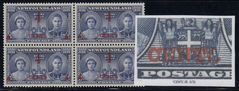 Newfoundland, SG 274a, MNH block of four CENTL variety