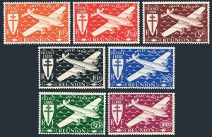 Reunion C18-C24, hinged. Michel 285-291. France Libre, Airplane, 1944.