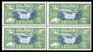 Iceland #C73a Cat$220+ (for singles), 1930 50a deep green and deep blue, bloc...