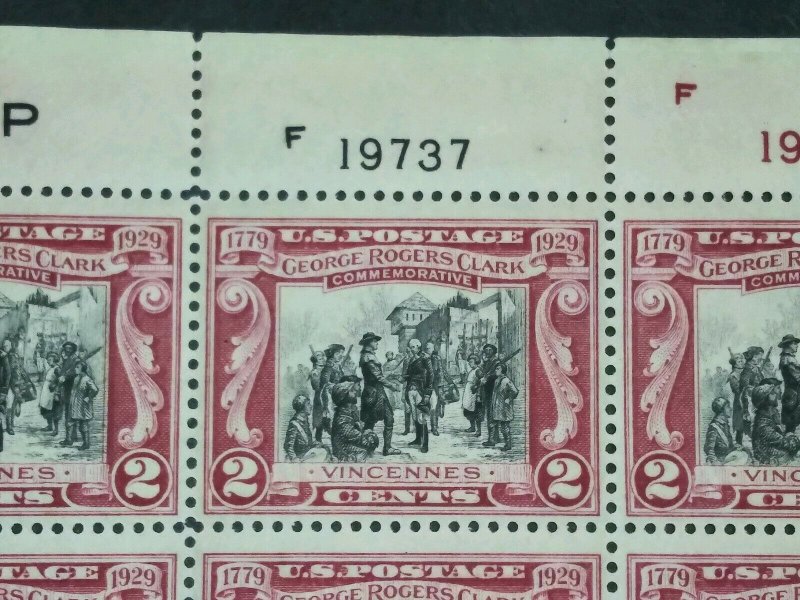 RIV: US MNH 651 Plate Block of Six FRESH 2 cent 1929 George Rogers Clark mint 2M