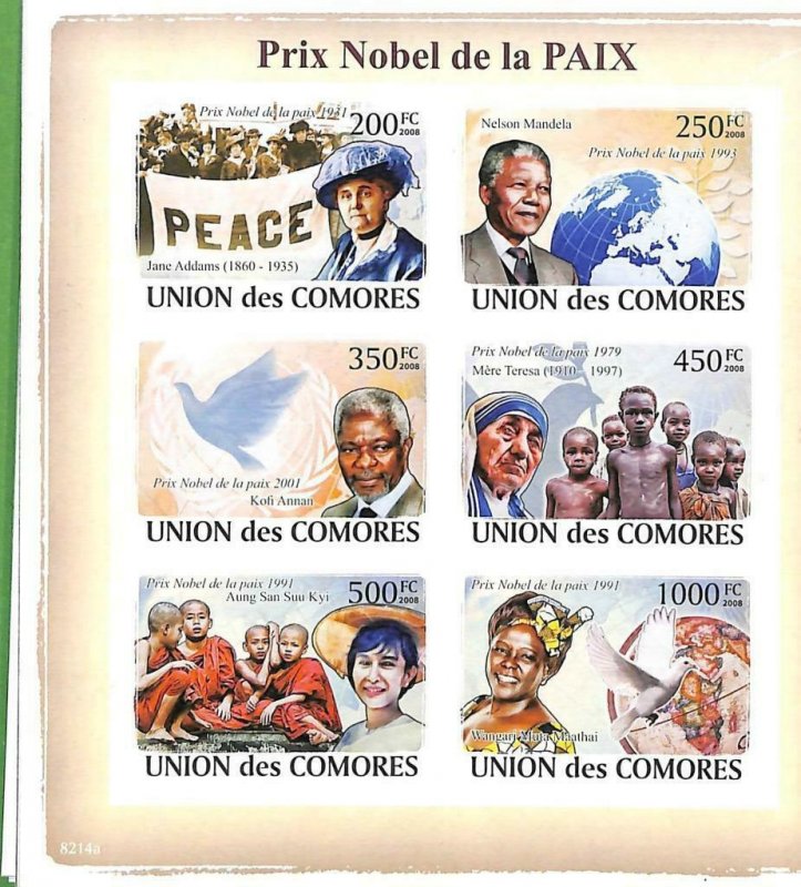 A0361 - COMORES Comoros - IMPERF 2008 stamp SHEET: NOBEL PRIZE Mandela M. Teresa