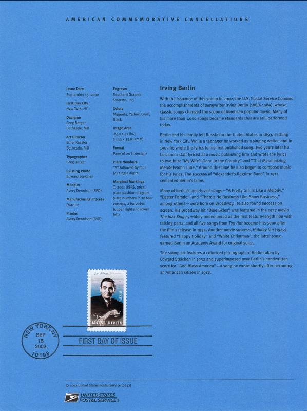 US SP1458 Irving Berlin 3669 Souvenir Page FDC