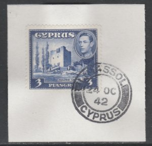 CYPRUS 1938 KG6 PICTORIAL  3pi ult   on piece with MADAME JOSEPH  POSTMARK