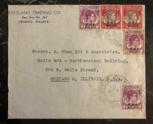 1947 Penang Malaya Commercial Cover To Chicago IL USA BMA Overprints