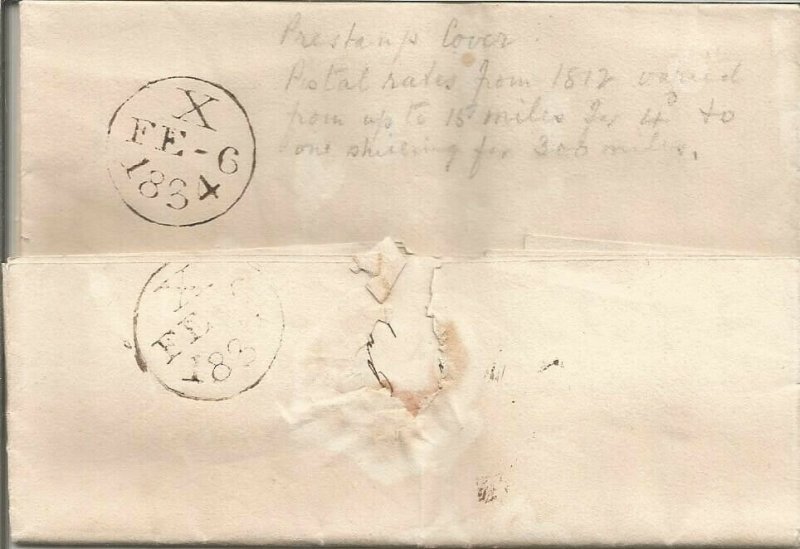 GB 1834 PRE-STAMP ENTIRE TO MARGATE POSTAGE PAID ‘8’ DATED 06TH FEBRUARY 1834.