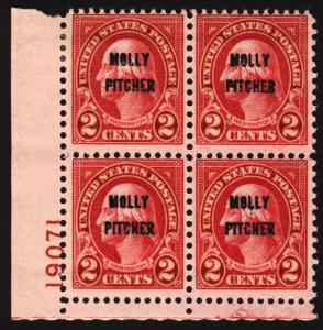 #646 2c Carmine 1928 Molly Pitcher Plate# Blk of 4 MLH Rare Stamp Block