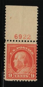 1917 Sc 509 MNH fresh OG 9c salmon red plate number single, Hebert NH CV $90 (08