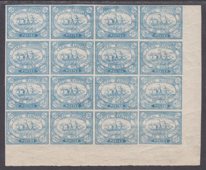 Egypt Suez Canal Co. SG 3 MNH. 1868 20c blue Steamship, corner block of 16, Cert