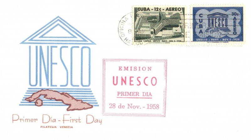 Cuba 1958 Inauguration of UNESCO Headquarters FDC First Day Cover