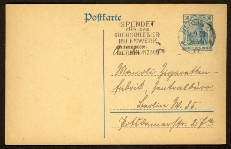 GERMANY 1921 Berlin  UPPER SILESIA Plebiscite Slogan Postmark on 30pf Postal Crd