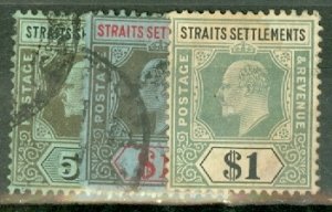JE: Straits Settlements 105-124, 126, 147-8 mint/used CV $218; scan shows a few