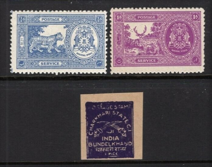 Bhopal 1940 Service Set #O42-43 + Charkhari 1943 Imperf Single #39 Mint