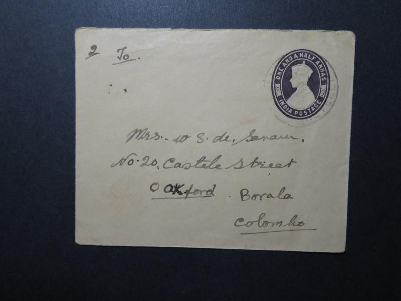 India 1943 1.5 Anna Postal Stationery Cover to Ceylon (II) - Z11686