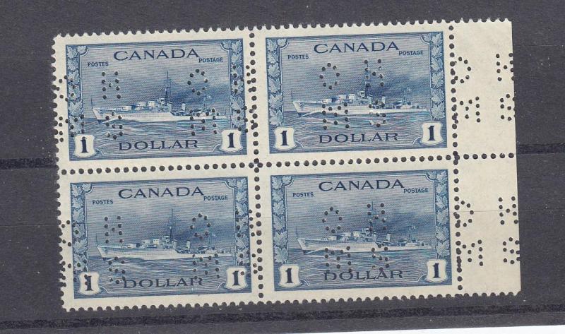 CANADA # O262 VF-MNH BLOCK OF 4 $1 DESTROYER OHMS HOLES CAT VAL $540