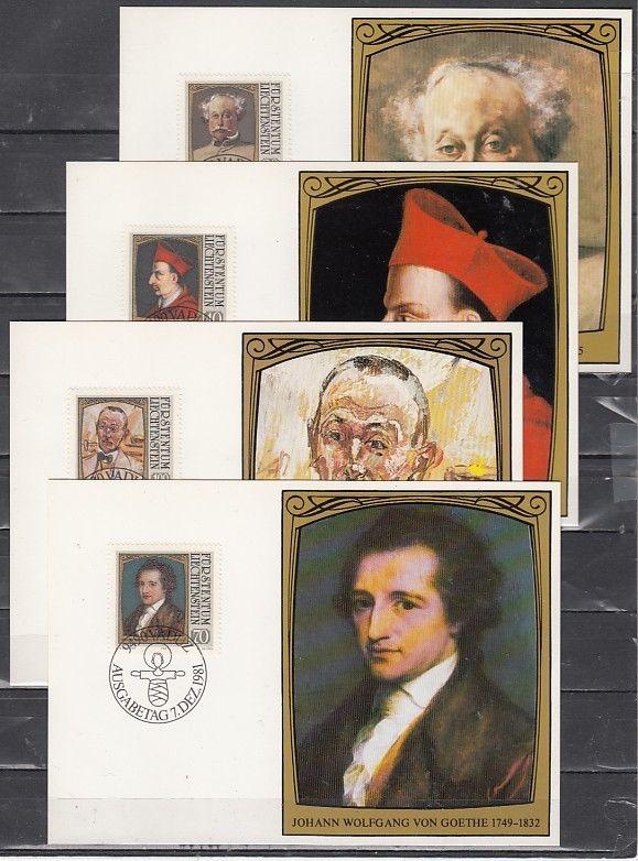 Liechtenstein, Scott cat. 722-725. Famous Visitors issue. 4 Maximum Cards. ^