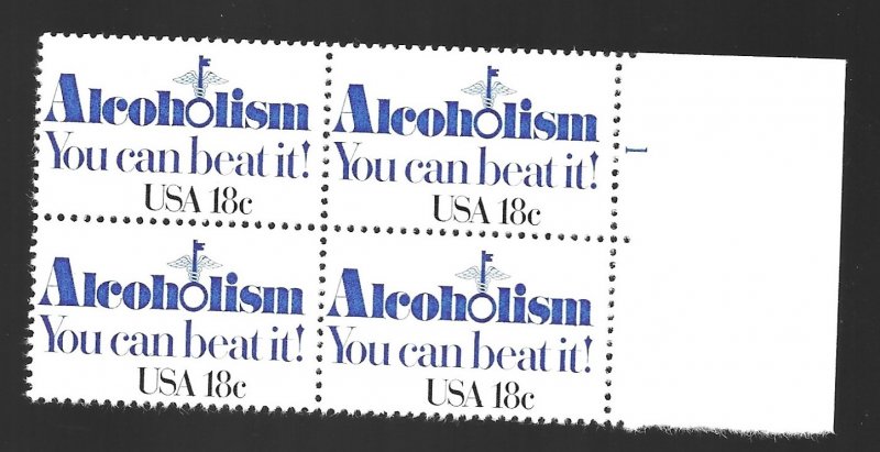 #1927 Alcoholism  18 cent plate block MNH