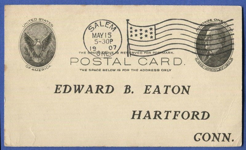 US UX18 /S22 1c Postal Card, SALEM, MASS 1907 Flag Cancel, Civil War