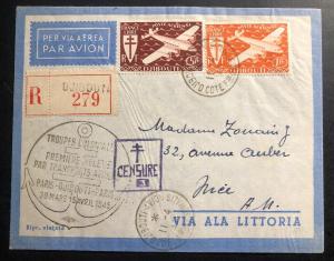 1945 Djibouti Airmail First Flight Cover FFC To Nice France Via Littoria