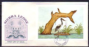 Sierra Leone, Scott cat. 983. Saddleback Stork s/sheet. First Day Cover.