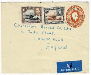 K.U.T. 1954 Mukono cancel on airmail, uprated stationery cover to England