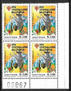 ANGOLA 1980 IYC Year of the Child Sheet Number Block of 4 Sc 613 MNH