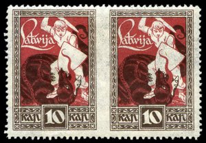 Latvia #64a, 1920 10k brown and carmine, horizontal pair imperf. between, hinged