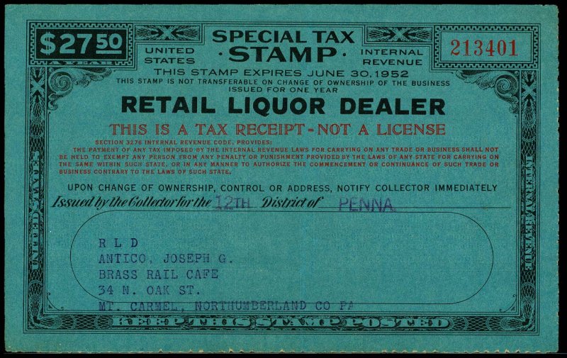 U.S. REV. STAX -RET. LIQ. DEALER FYE 1952  Used (ID # 61842)- L