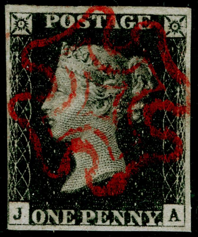 SG2, 1d black PLATE 5, FINE USED. Cat £400. RED MX. JA