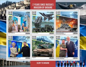 LIBERIA - 2024 - Invasion of Ukraine, 2nd Anniv -Perf 6v Sheet-Mint Never Hinged