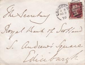 Great Britain 1878 Queen Victoria 1d on Cover to Edinburgh, Scotland. Clean