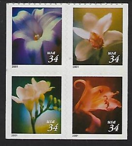 Catalog # 3487 90 Block of 4 mint .34 cent stamps Flowers