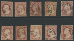 USA #11 - 3 cent Washington Imperf - Group of 10 used copies - mixed condition