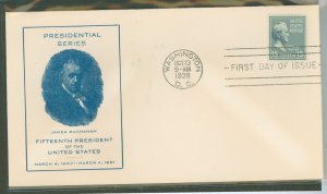 US 820 1938 15c James Buchanan (part of the Presidential/prexy series) sinlge on an unaddressed fdc with a progressive cachet.