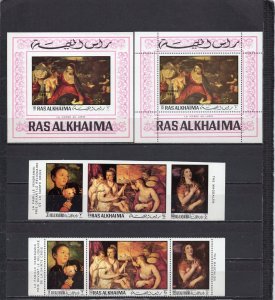 RAS AL KHAIMA 1970 PAINTINGS BY TITIAN SET OF 2 STRIPS & 2 S/S MNH