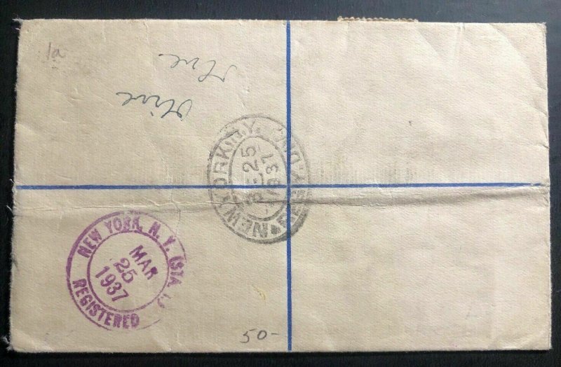 1937 Kingston Jamaica Registered Letter Airmail Cover To New York USA