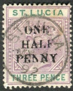 ST LUCIA-1891-92 ½d on 3d Dull Mauve & Green DIE I.  A fine used example Sg 53