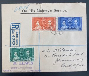 1937 Nairobi Kenya Registered Cover To South Africa King George VI Coronation