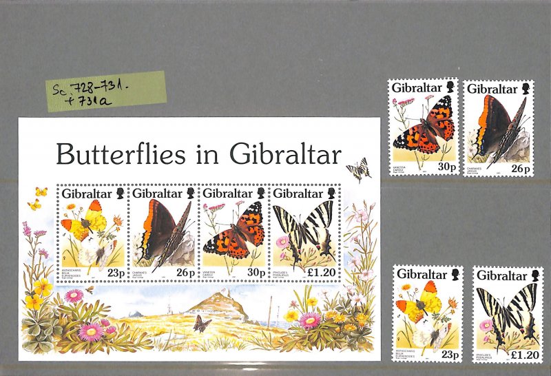 t12, Gibraltar Scott #728-731, 731a MNH stamps + S/S butterflies