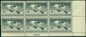 US #RW14 $1.00 Snow Geese, Plate No. Block of 6, og, NH, VF, Scott $375.00 