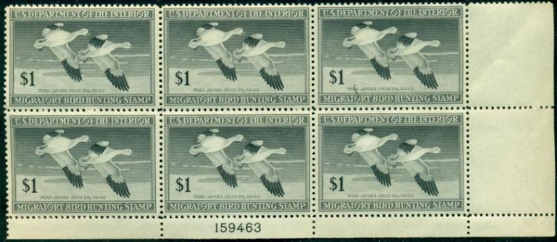 US #RW14 $1.00 Snow Geese, Plate No. Block of 6, og, NH, VF, Scott $375.00 