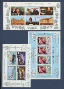 ANGUILLA - Sc 198a, 300a & 397a MNH S/S- Silver Jubilee, Queen Mother, Churchill