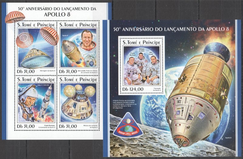 HM1120 2018 SAO TOME & PRINCIPE APOLLO 8 SPACE #7783-6+BL1405 MNH