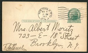 1917 US Postal Card New York Station J to Brooklyn Flatbush Riverside Dr Hose Or